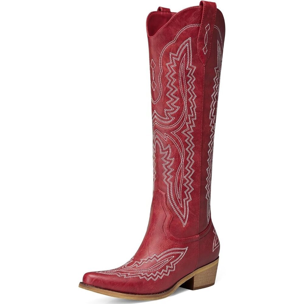 Women Red Cowboy Boots Retro Knee High Pointed Toe Cowgirl Boots Low Heel
